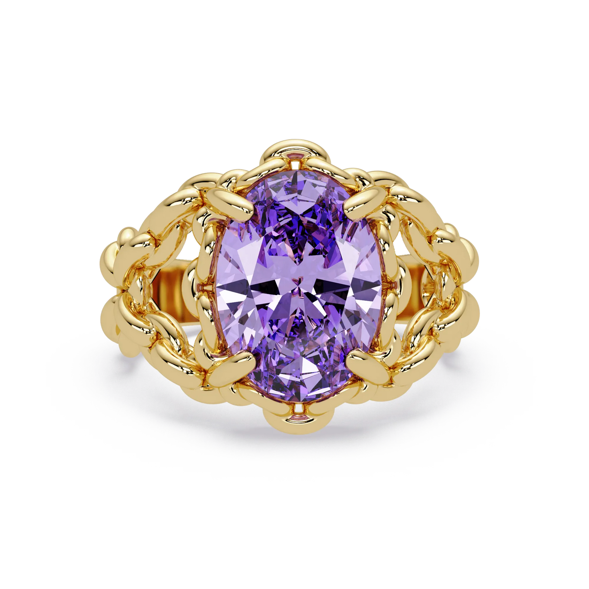 5.3 CTW Oval Ornate Colorstone Cocktail Ring with Amethyst Purple stone in 14K Yellow Gold – Lunéa Paris
