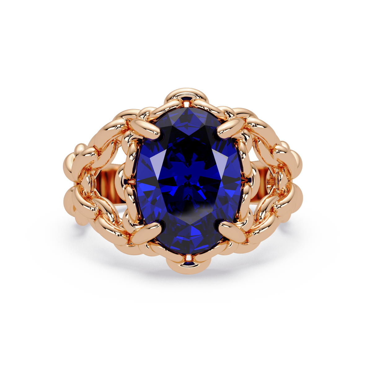 5.3 CTW Oval Ornate Colorstone Cocktail Ring with Sapphire Blue stone in 14K Rose Gold – Lunéa Paris