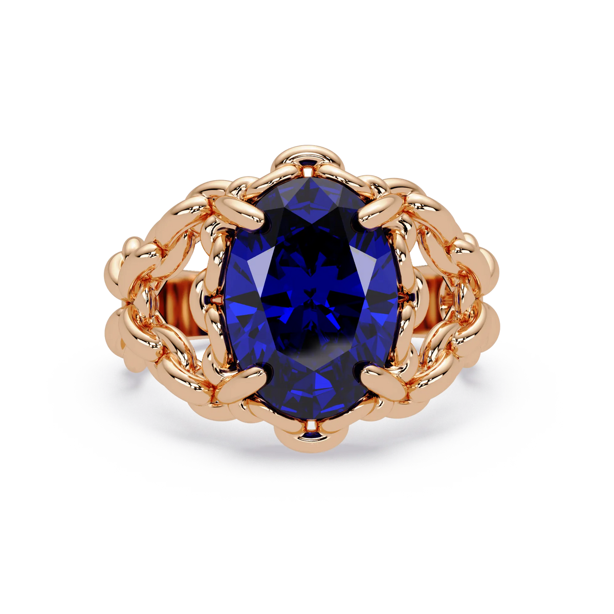 5.3 CTW Oval Ornate Colorstone Cocktail Ring with Sapphire Blue stone in 14K Rose Gold – Lunéa Paris