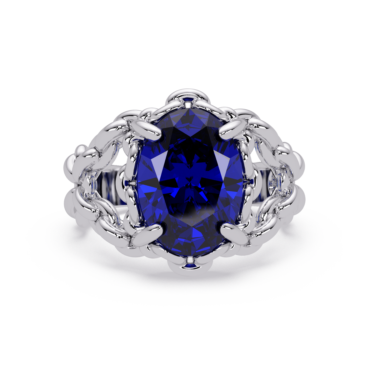 5.3 CTW Oval Ornate Colorstone Cocktail Ring with Sapphire Blue stone in 14K White Gold – Lunéa Paris