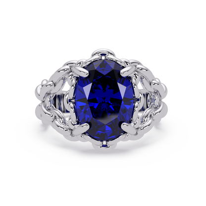 5.3 CTW Oval Ornate Colorstone Cocktail Ring with Sapphire Blue stone in 14K White Gold – Lunéa Paris