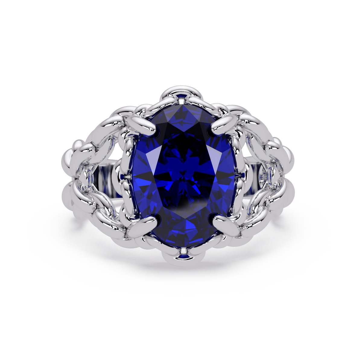 5.3 CTW Oval Ornate Colorstone Cocktail Ring with Sapphire Blue stone in 14K White Gold – Lunéa Paris