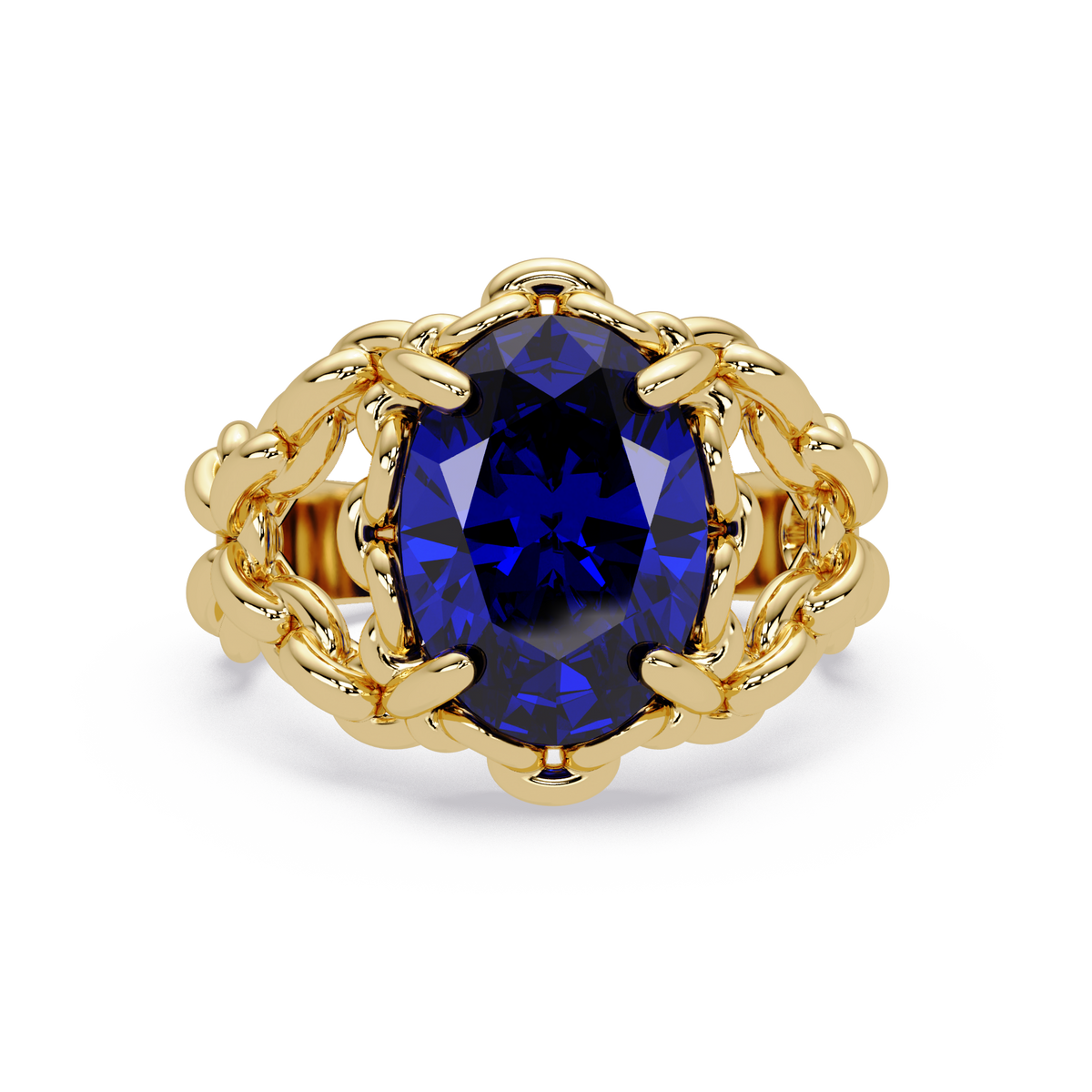 5.3 CTW Oval Ornate Colorstone Cocktail Ring with Sapphire Blue stone in 14K Yellow Gold – Lunéa Paris