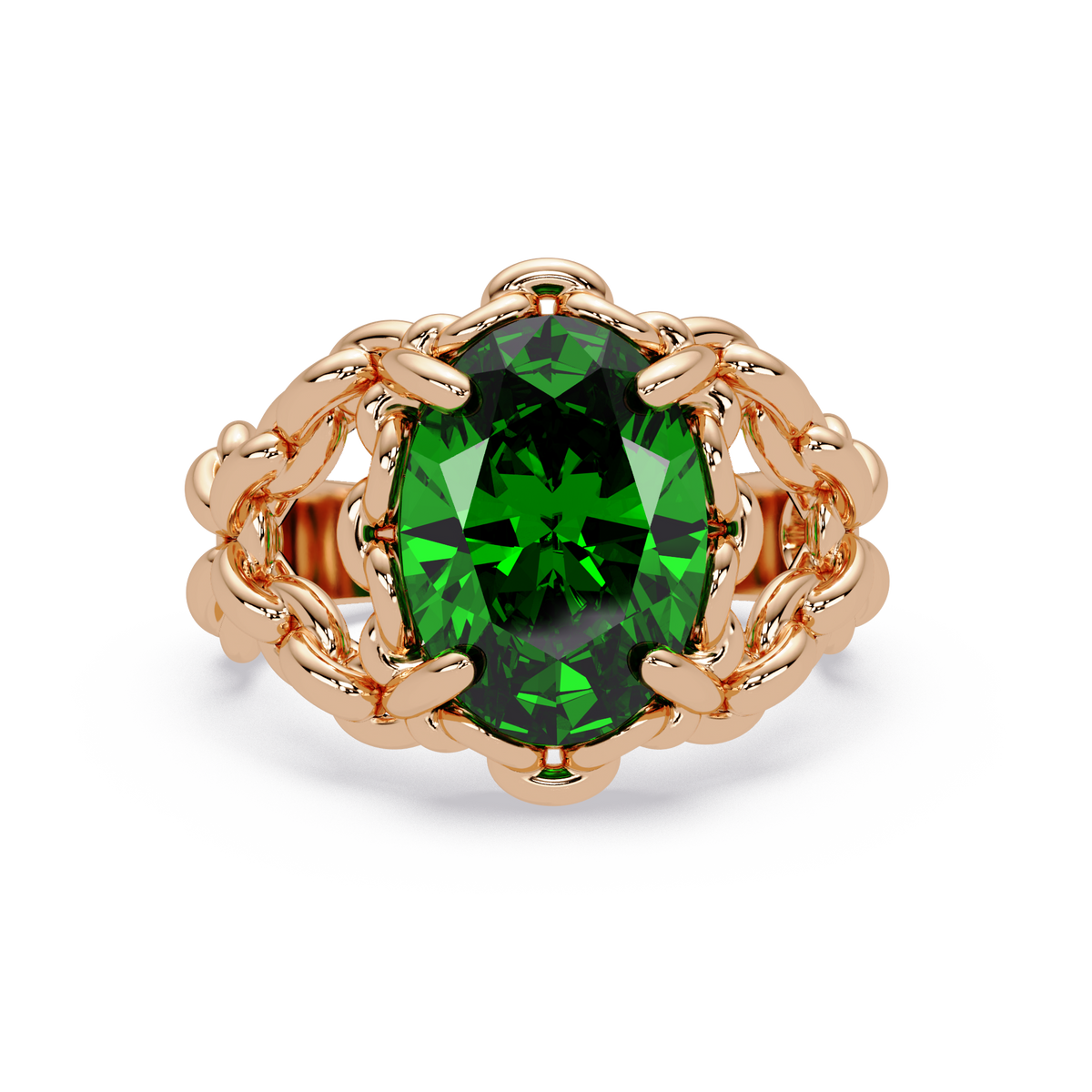 5.3 CTW Oval Ornate Colorstone Cocktail Ring with Emerald Green stone in 14K Rose Gold – Lunéa Paris
