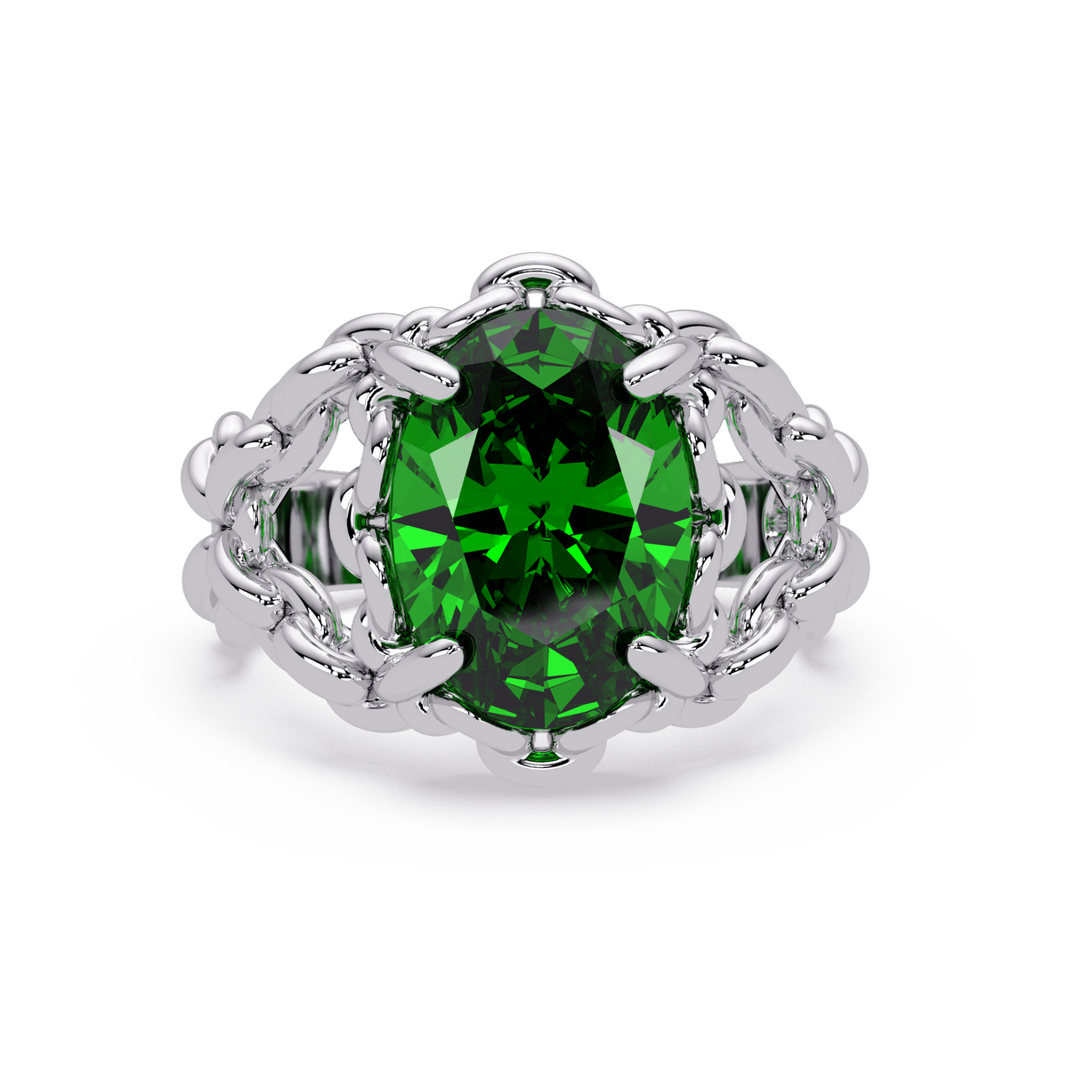5.3 CTW Oval Ornate Colorstone Cocktail Ring with Emerald Green stone in 14K White Gold – Lunéa Paris
