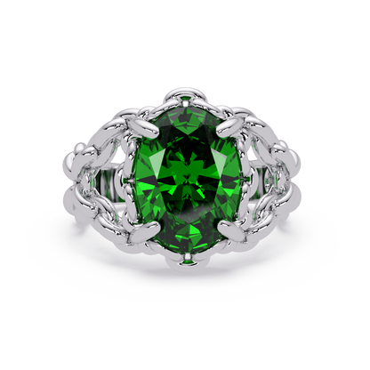 5.3 CTW Oval Ornate Colorstone Cocktail Ring with Emerald Green stone in 14K White Gold – Lunéa Paris