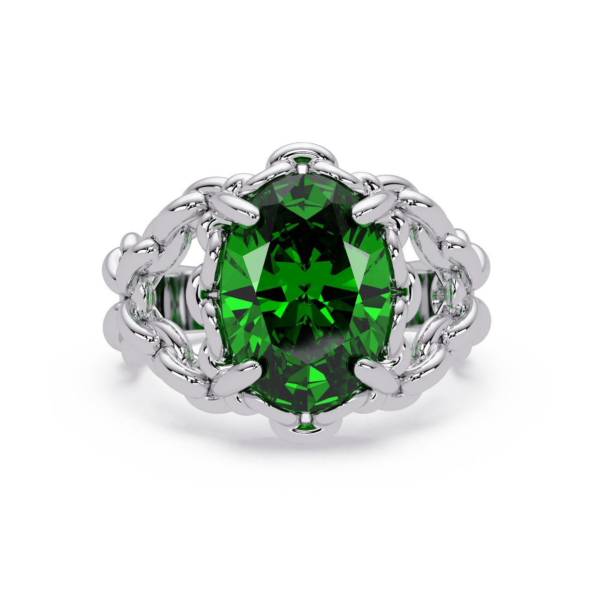 5.3 CTW Oval Ornate Colorstone Cocktail Ring with Emerald Green stone in 14K White Gold – Lunéa Paris