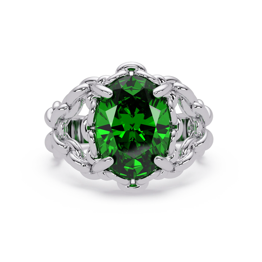 5.3 CTW Oval Ornate Colorstone Cocktail Ring with Emerald Green stone in 14K White Gold – Lunéa Paris