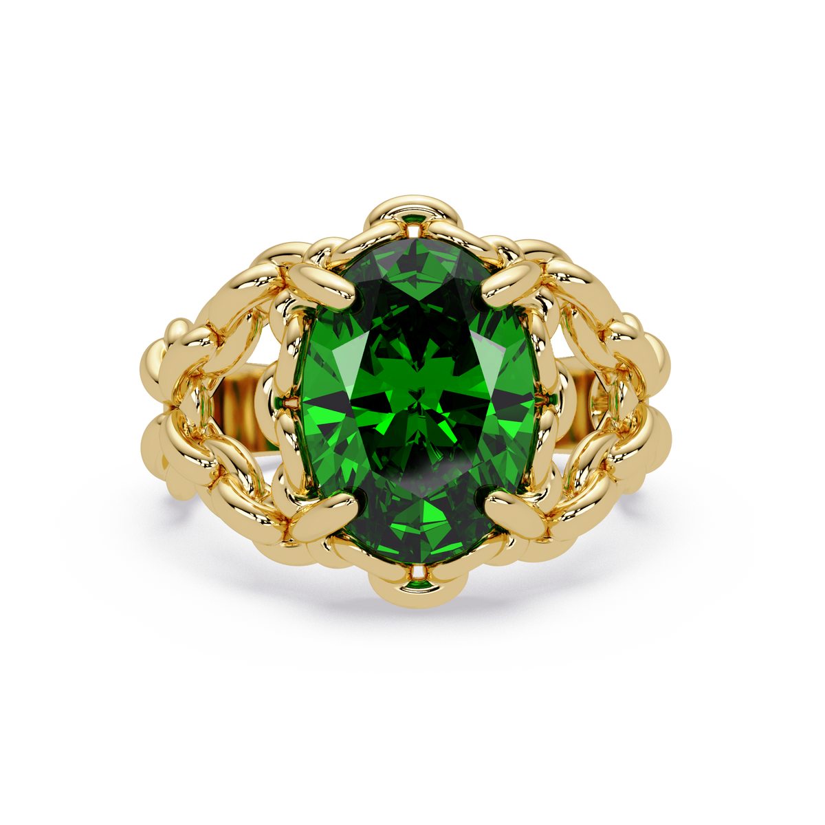 5.3 CTW Oval Ornate Colorstone Cocktail Ring with Emerald Green stone in 14K Yellow Gold – Lunéa Paris