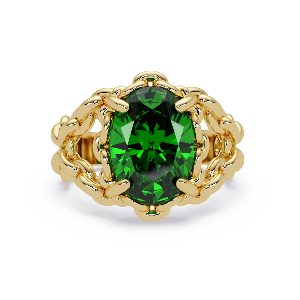 5.3 CTW Oval Ornate Colorstone Cocktail Ring with Emerald Green stone in 14K Yellow Gold – Lunéa Paris