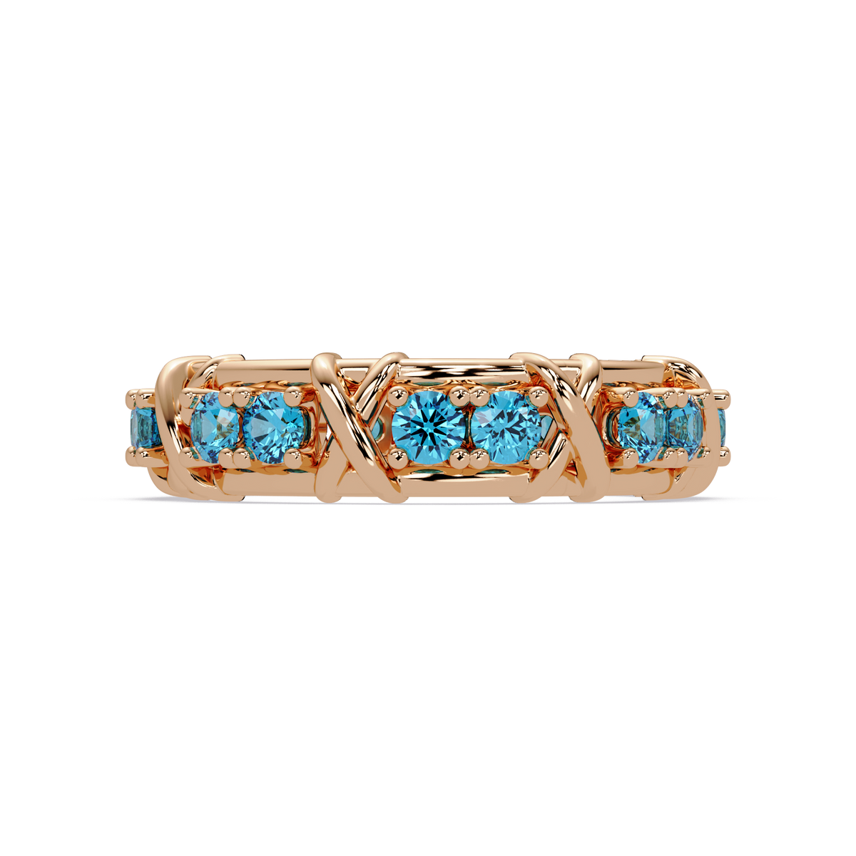 1.3 CTW Round Colorstone Designer Band Ring with Aquamarine Blue stone in 14K Rose Gold – Lunéa Paris
