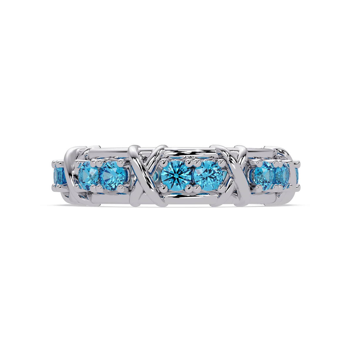 1.3 CTW Round Colorstone Designer Band Ring with Aquamarine Blue stone in 14K White Gold – Lunéa Paris