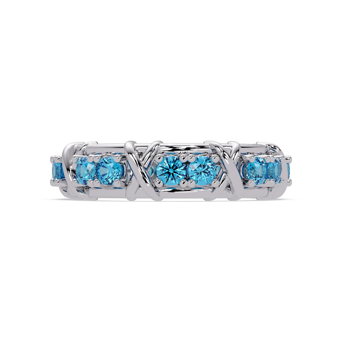 1.3 CTW Round Colorstone Designer Band Ring with Aquamarine Blue stone in 14K White Gold – Lunéa Paris