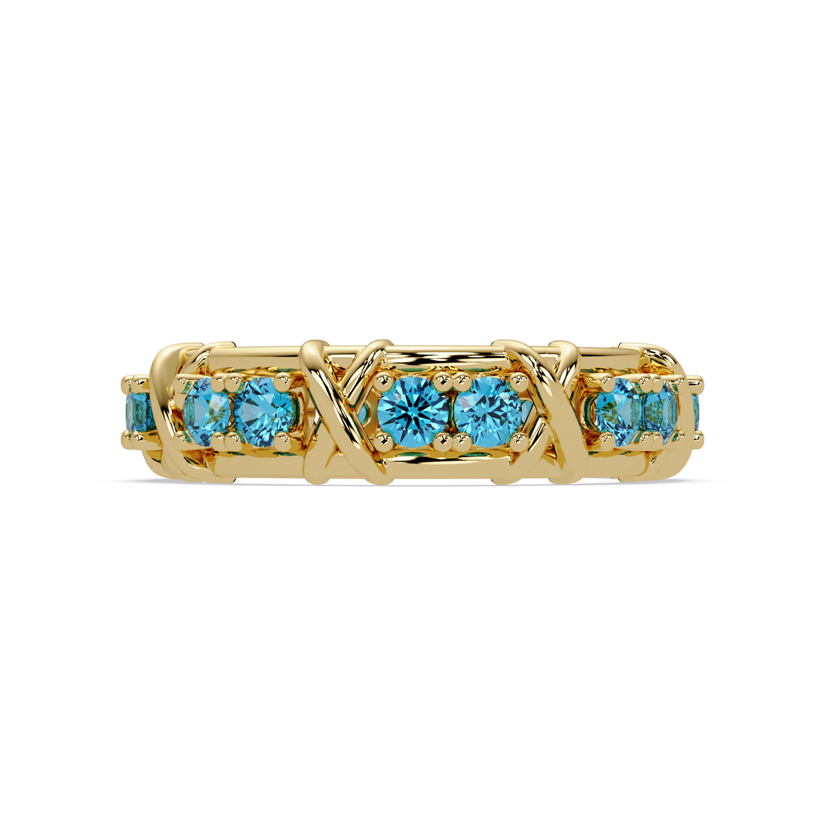 1.3 CTW Round Colorstone Designer Band Ring with Aquamarine Blue stone in 14K Yellow Gold – Lunéa Paris