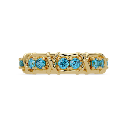 1.3 CTW Round Colorstone Designer Band Ring with Aquamarine Blue stone in 14K Yellow Gold – Lunéa Paris