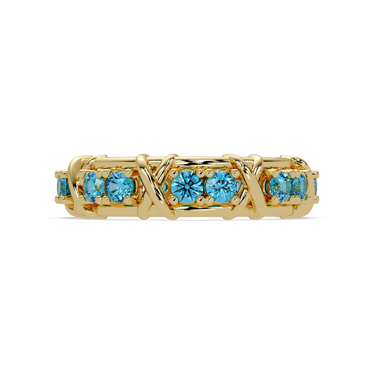 1.3 CTW Round Colorstone Designer Band Ring with Aquamarine Blue stone in 14K Yellow Gold – Lunéa Paris