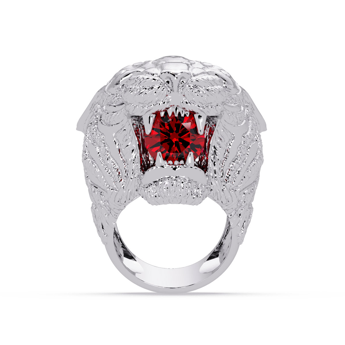 2.4 CTW Round Lion Crest Colorstone Signet Ring with Ruby Red stone in 14K White Gold – Lunéa Paris
