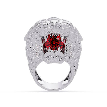 2.4 CTW Round Lion Crest Colorstone Signet Ring with Ruby Red stone in 14K White Gold – Lunéa Paris