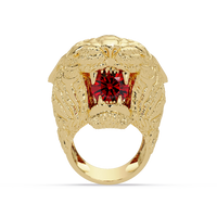 2.4 CTW Round Lion Crest Colorstone Signet Ring with Ruby Red stone in 14K Yellow Gold – Lunéa Paris