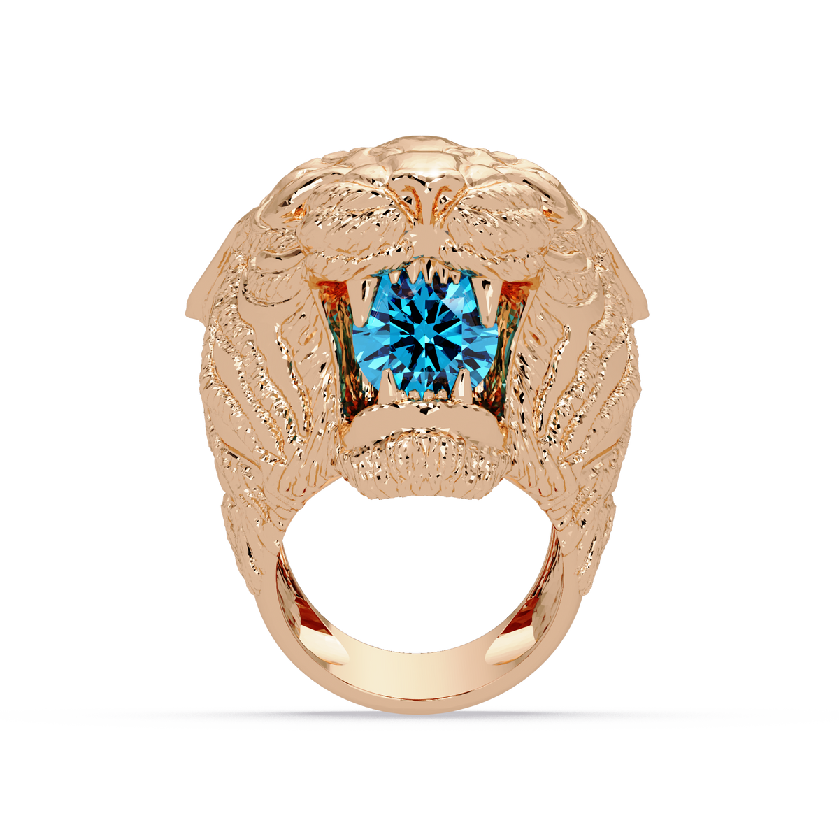 2.4 CTW Round Lion Crest Colorstone Signet Ring with Aquamarine Blue stone in 14K Rose Gold – Lunéa Paris