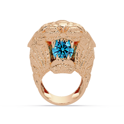 2.4 CTW Round Lion Crest Colorstone Signet Ring with Aquamarine Blue stone in 14K Rose Gold – Lunéa Paris