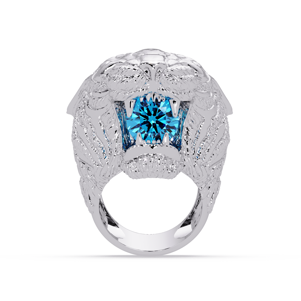 2.4 CTW Round Lion Crest Colorstone Signet Ring with Aquamarine Blue stone in 14K White Gold – Lunéa Paris