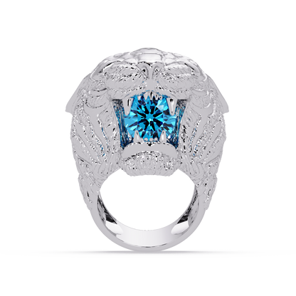 2.4 CTW Round Lion Crest Colorstone Signet Ring with Aquamarine Blue stone in 14K White Gold – Lunéa Paris
