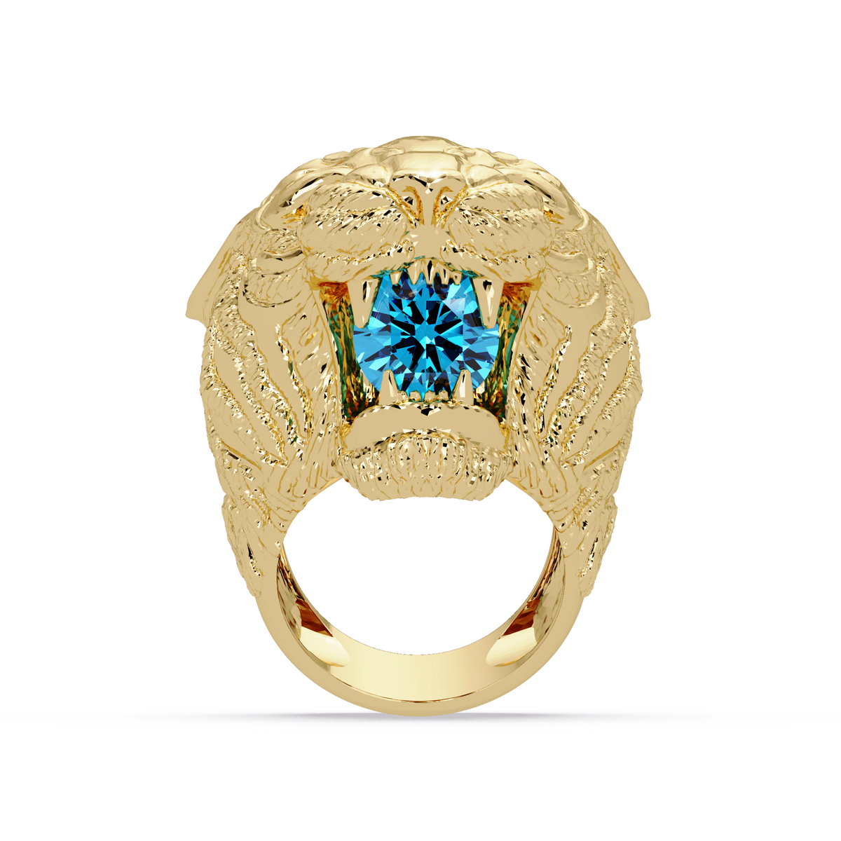2.4 CTW Round Lion Crest Colorstone Signet Ring with Aquamarine Blue stone in 14K Yellow Gold – Lunéa Paris