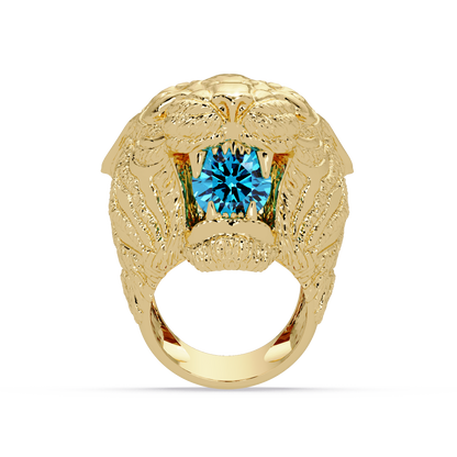 2.4 CTW Round Lion Crest Colorstone Signet Ring with Aquamarine Blue stone in 14K Yellow Gold – Lunéa Paris
