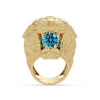 2.4 CTW Round Lion Crest Colorstone Signet Ring with Aquamarine Blue stone in 14K Yellow Gold – Lunéa Paris