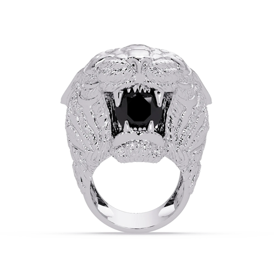 2.4 CTW Round Lion Crest Colorstone Signet Ring with Onyx stone in 14K White Gold – Lunéa Paris