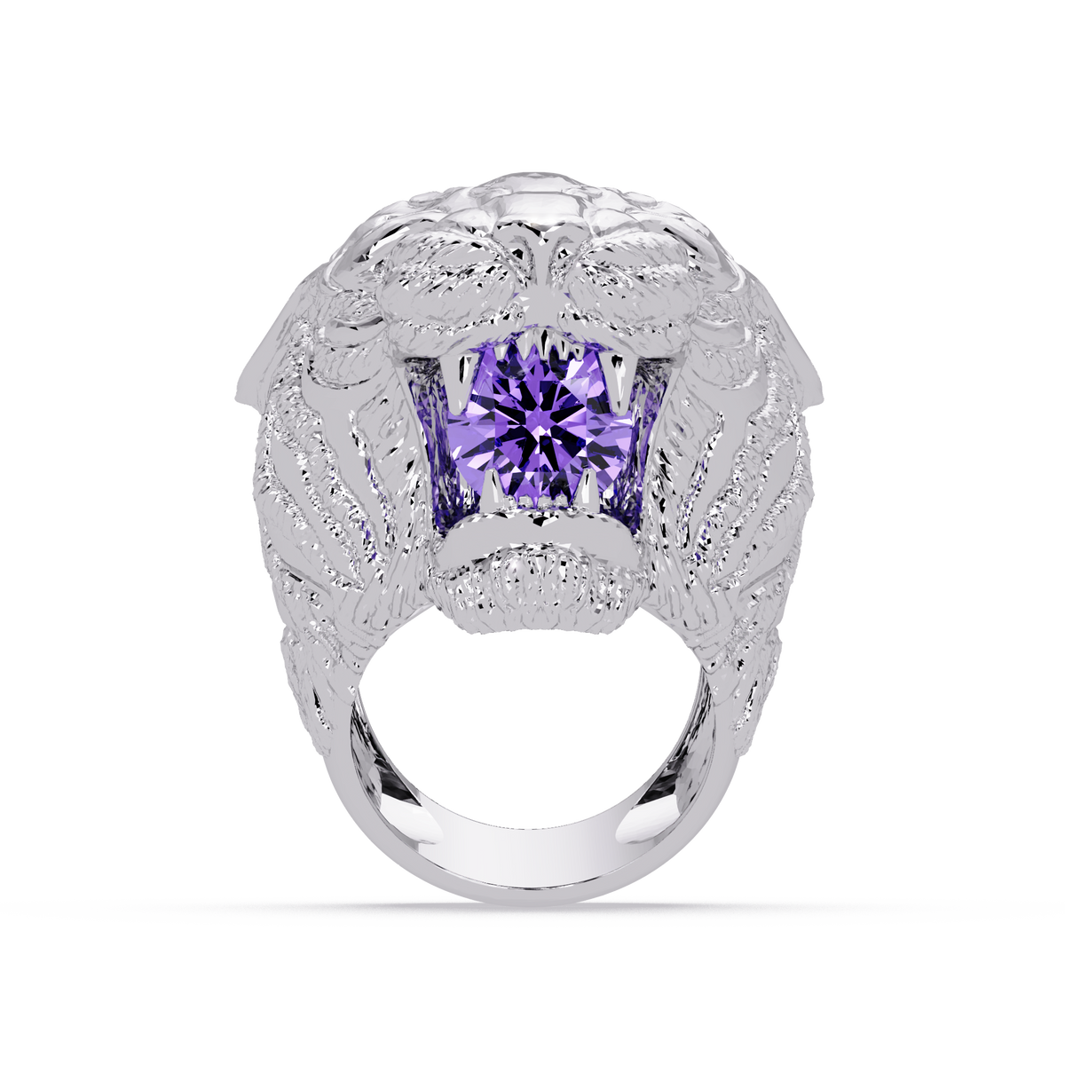 2.4 CTW Round Lion Crest Colorstone Signet Ring with Amethyst Purple stone in 14K White Gold – Lunéa Paris