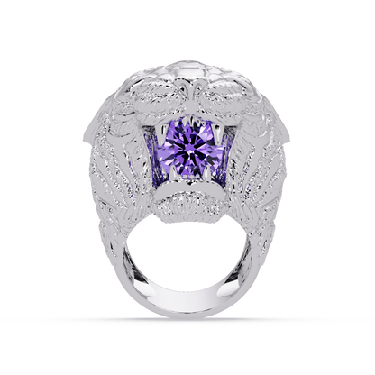 2.4 CTW Round Lion Crest Colorstone Signet Ring with Amethyst Purple stone in 14K White Gold – Lunéa Paris