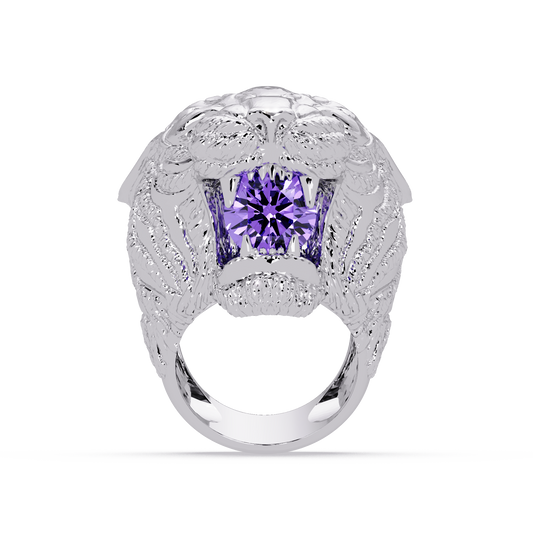 2.4 CTW Round Lion Crest Colorstone Signet Ring with Amethyst Purple stone in 14K White Gold – Lunéa Paris