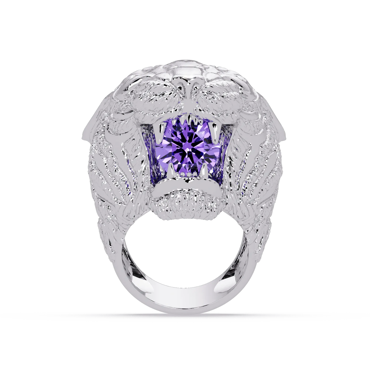 2.4 CTW Round Lion Crest Colorstone Signet Ring with Amethyst Purple stone in 14K White Gold – Lunéa Paris