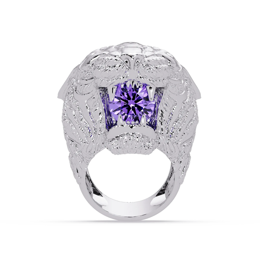 2.4 CTW Round Lion Crest Colorstone Signet Ring with Amethyst Purple stone in 14K White Gold – Lunéa Paris