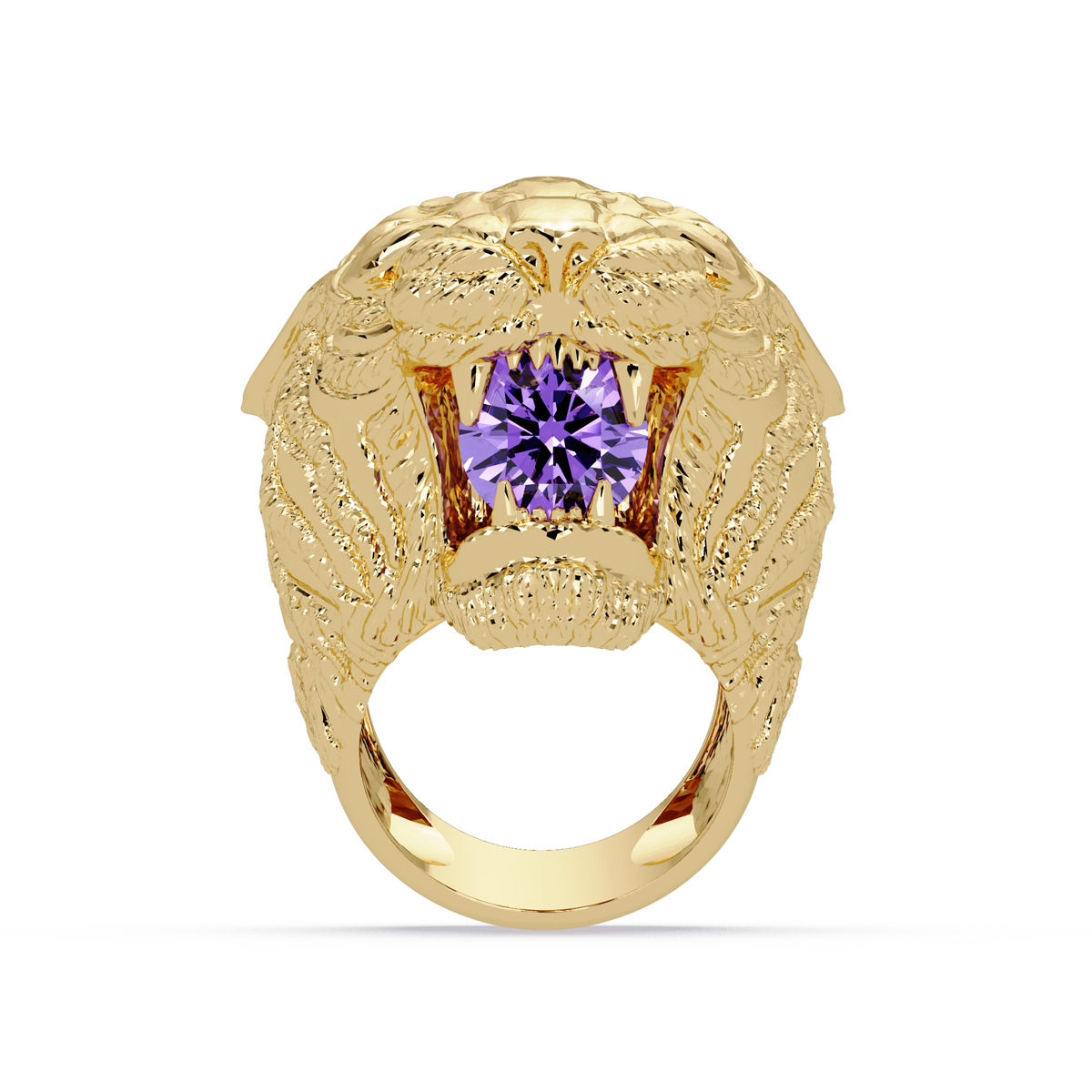2.4 CTW Round Lion Crest Colorstone Signet Ring with Amethyst Purple stone in 14K Yellow Gold – Lunéa Paris