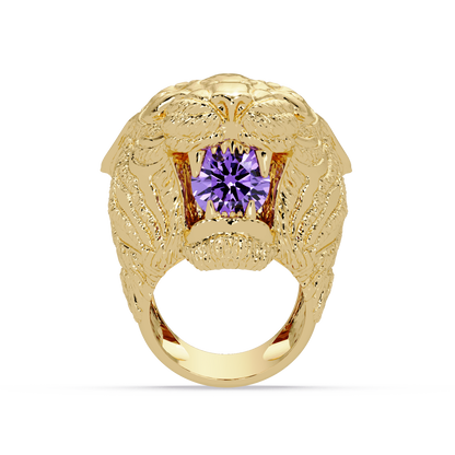 2.4 CTW Round Lion Crest Colorstone Signet Ring with Amethyst Purple stone in 14K Yellow Gold – Lunéa Paris