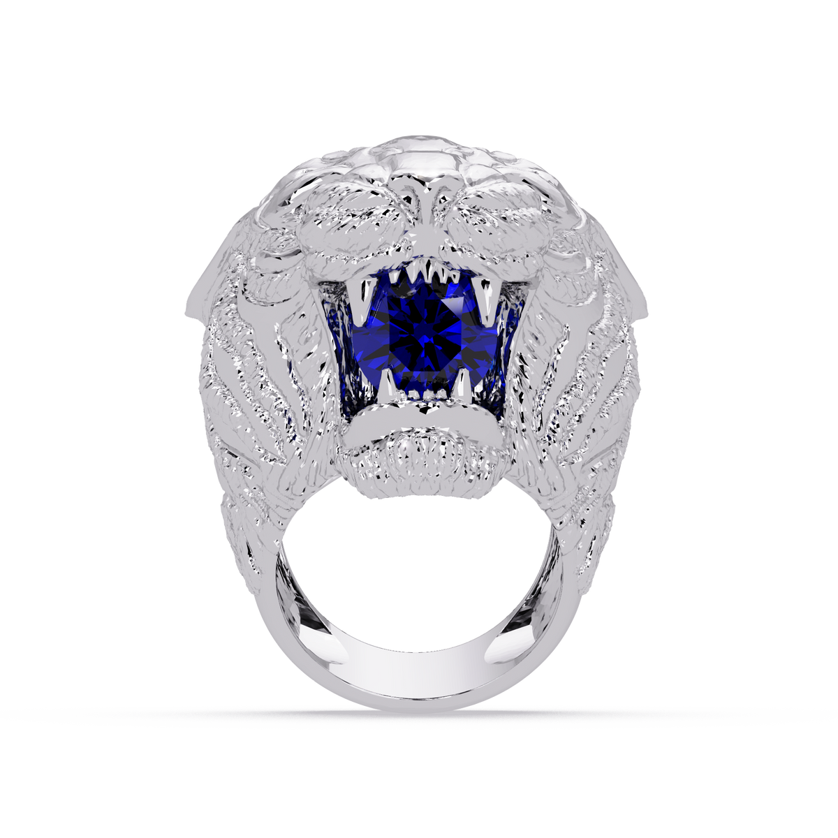 2.4 CTW Round Lion Crest Colorstone Signet Ring with Sapphire Blue stone in 14K White Gold – Lunéa Paris