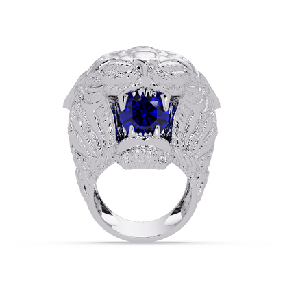 2.4 CTW Round Lion Crest Colorstone Signet Ring with Sapphire Blue stone in 14K White Gold – Lunéa Paris