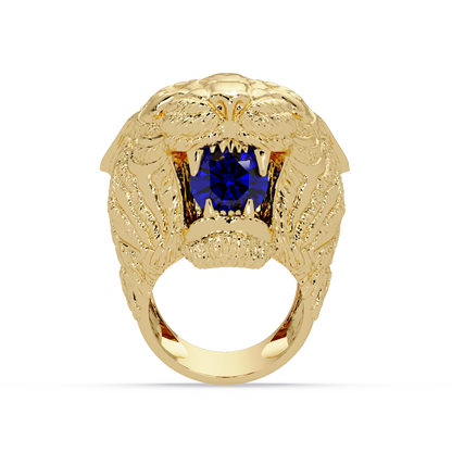 2.4 CTW Round Lion Crest Colorstone Signet Ring with Sapphire Blue stone in 14K Yellow Gold – Lunéa Paris