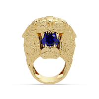 2.4 CTW Round Lion Crest Colorstone Signet Ring with Sapphire Blue stone in 14K Yellow Gold – Lunéa Paris