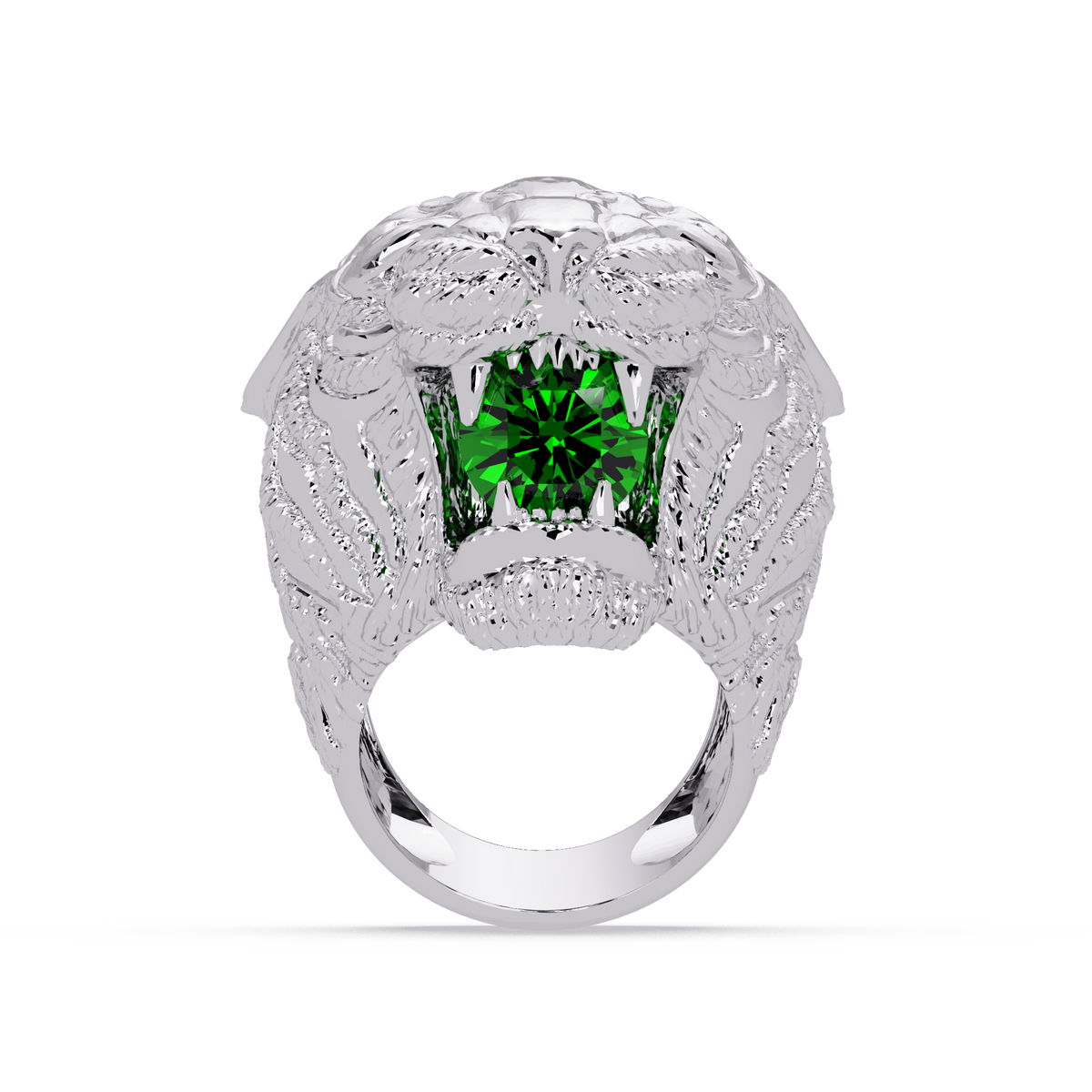 2.4 CTW Round Lion Crest Colorstone Signet Ring with Emerald Green stone in 14K White Gold – Lunéa Paris
