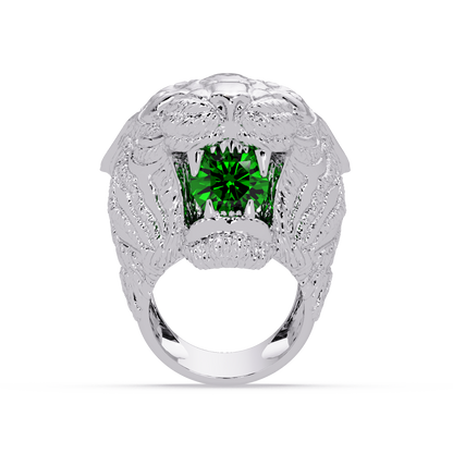 2.4 CTW Round Lion Crest Colorstone Signet Ring with Emerald Green stone in 14K White Gold – Lunéa Paris