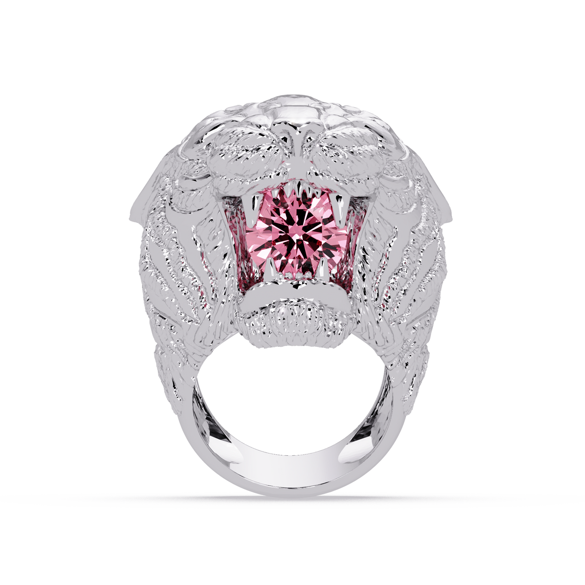 2.4 CTW Round Lion Crest Colorstone Signet Ring with Tourmaline Pink stone in 14K White Gold – Lunéa Paris