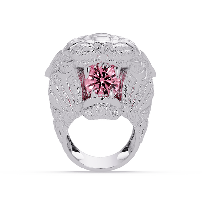 2.4 CTW Round Lion Crest Colorstone Signet Ring with Tourmaline Pink stone in 14K White Gold – Lunéa Paris