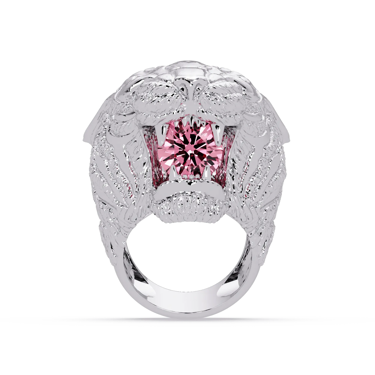 2.4 CTW Round Lion Crest Colorstone Signet Ring with Tourmaline Pink stone in 14K White Gold – Lunéa Paris