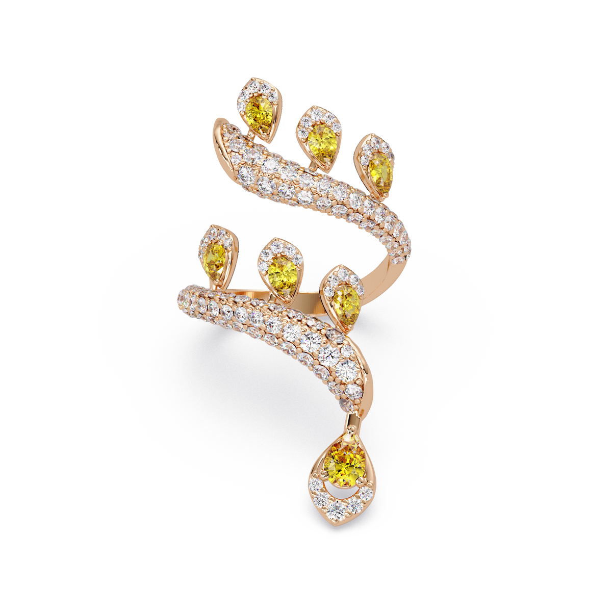 2.2 CTW Pear & Pavé Sculptural Bypass Colorstone Ring with Citrine Yellow stone in 14K Rose Gold – Lunéa Paris
