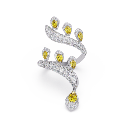 2.2 CTW Pear & Pavé Sculptural Bypass Colorstone Ring with Citrine Yellow stone in 14K White Gold – Lunéa Paris