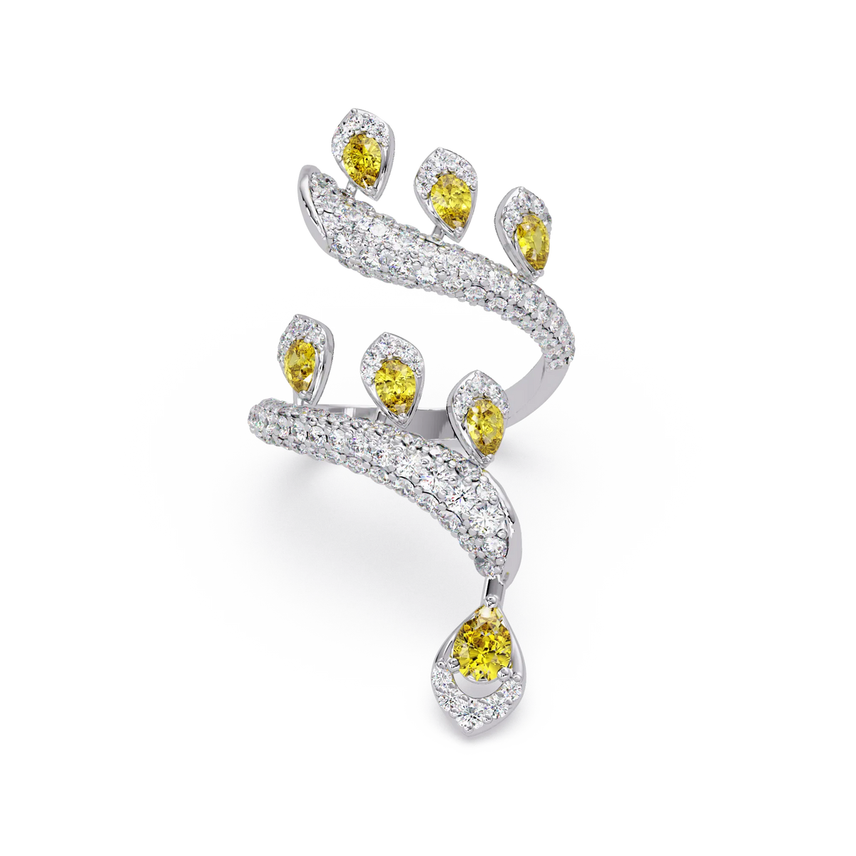 2.2 CTW Pear & Pavé Sculptural Bypass Colorstone Ring with Citrine Yellow stone in 14K White Gold – Lunéa Paris